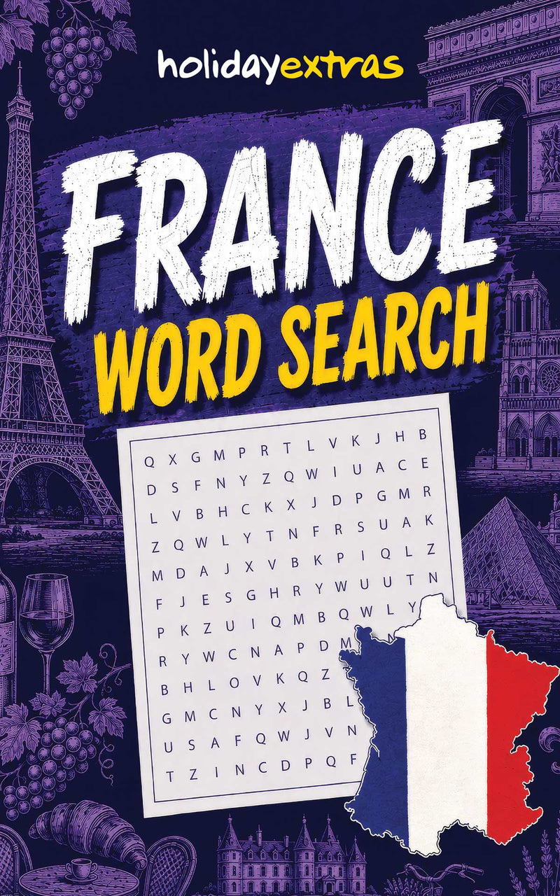 Front cover of a France word search book. Large white and yellow text reads 'FRANCE WORD SEARCH' over a dark purple illustrated background with Eiffel Tower, wine, grapes, and a map-shaped French flag.