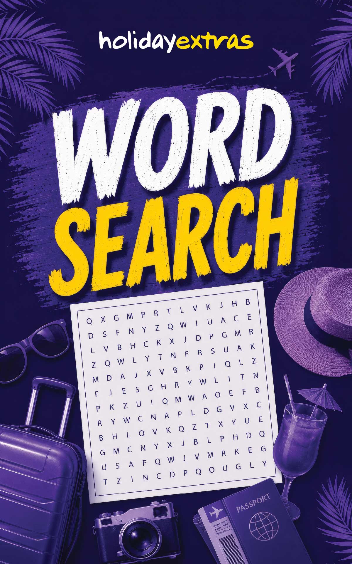 A travel-themed 'Word Search' activity card or booklet cover from Holiday Extras, featuring a purple background with palm leaves and travel icons like a suitcase, camera, passport, hat, and drink, with the title 'WORD SEARCH' in large white and yellow text.