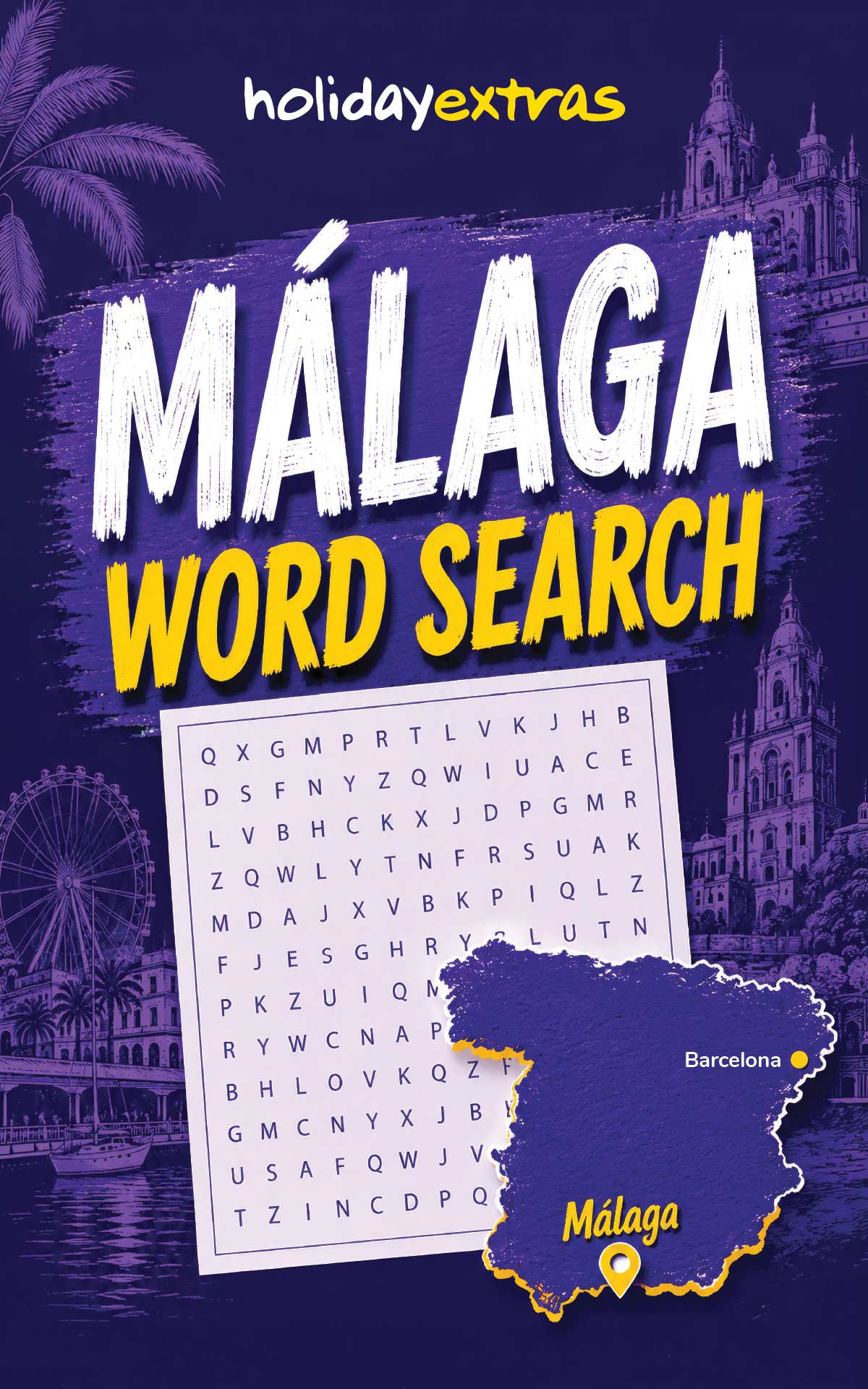 Holiday Extras 'Málaga Word Search' book cover featuring a purple background with cityscape illustrations, large white and yellow title text, a sample word search sheet, and a purple map of Málaga with a yellow outline.