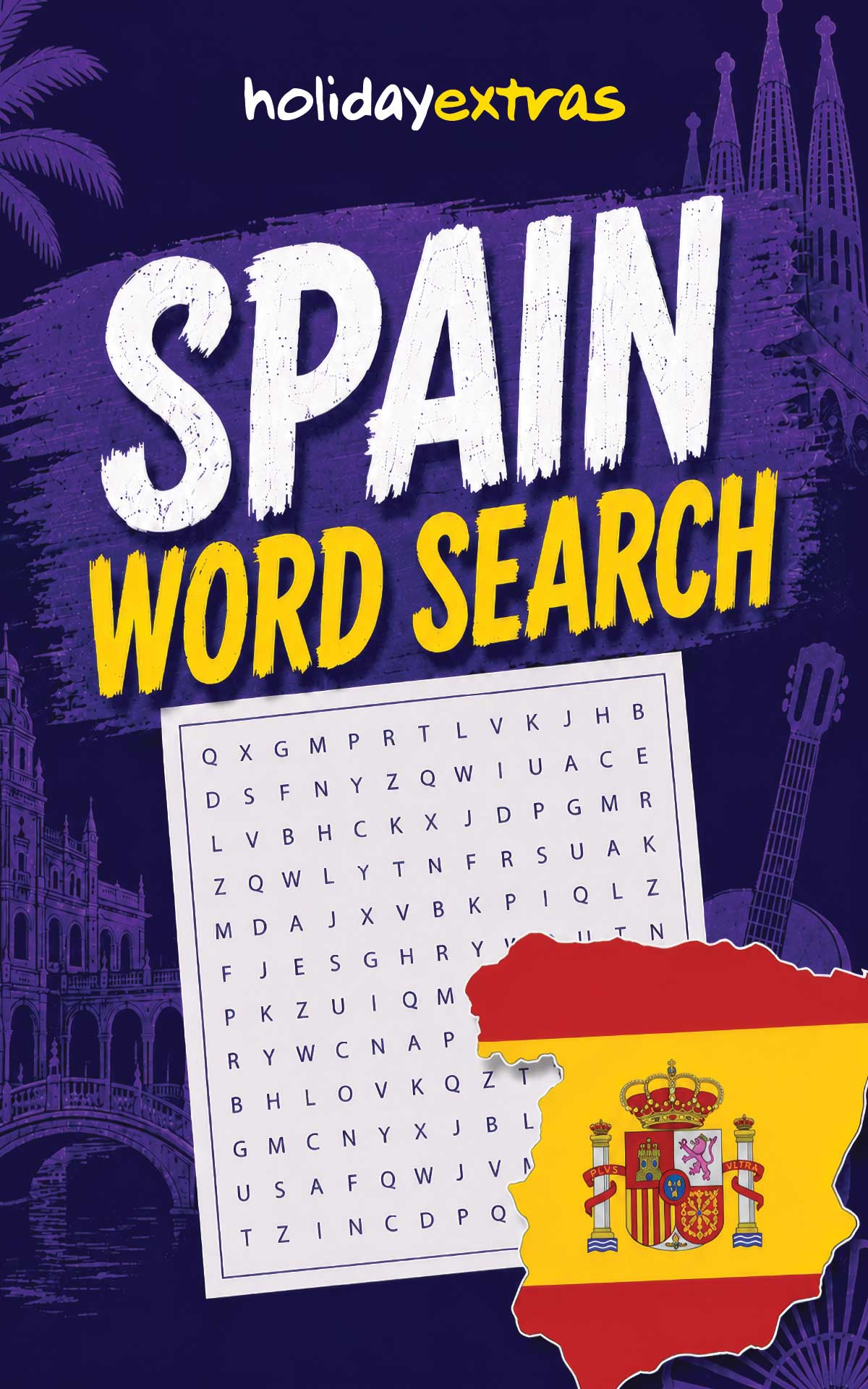 Front cover of a Word Search titled 'SPAIN WORD SEARCH' with the 'holiday extras' brand at the top. The cover shows a purple Spain-themed background with silhouettes of landmarks, a white word search grid, and a red-and-yellow Spain map graphic.