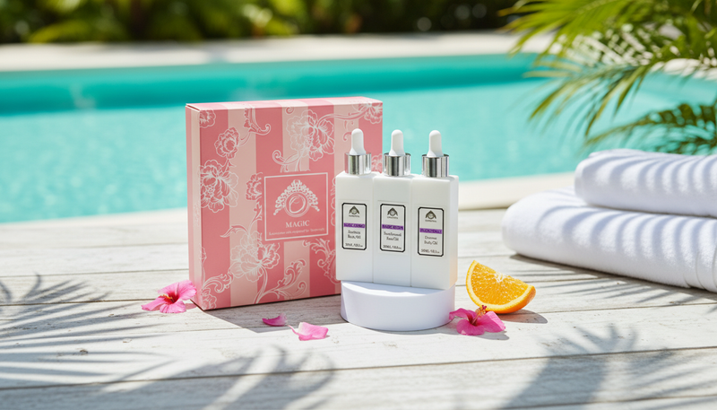 Travel skincare oils set with pink box, orange slice, and towels by pool.