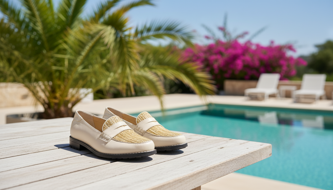 Nadia buttermilk leather raffia loafers displayed on a wooden table