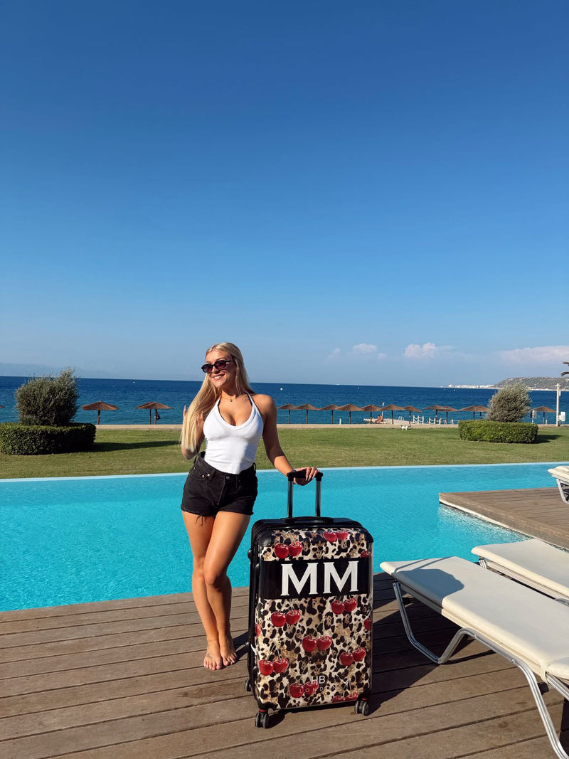 Leopard Print and Cherries with White Font Initial Personalised Suitcase-2