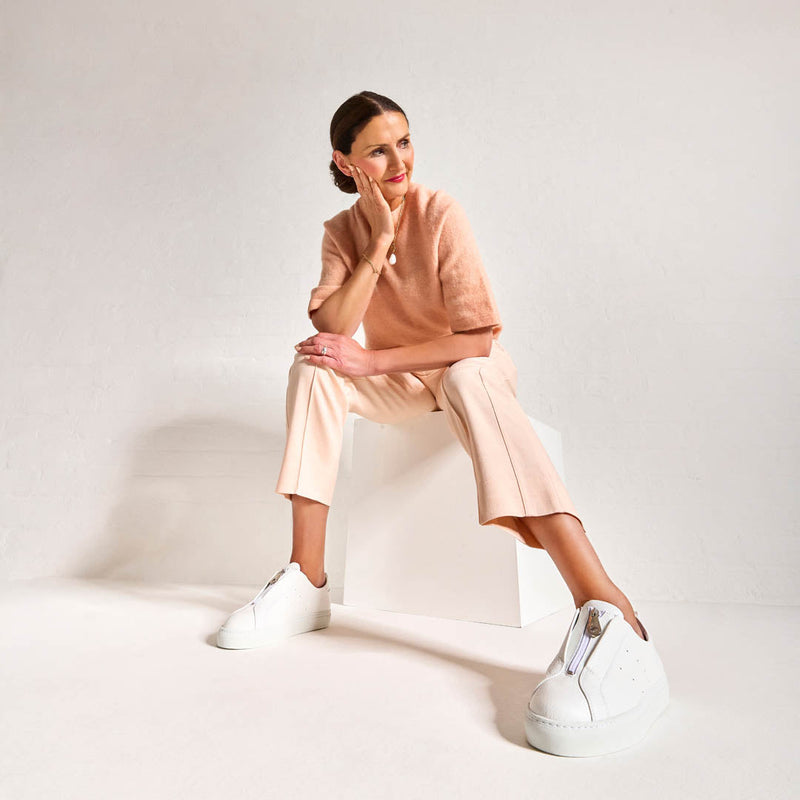 Estella - White Leather Zip-Up Wide Fit Trainers-3