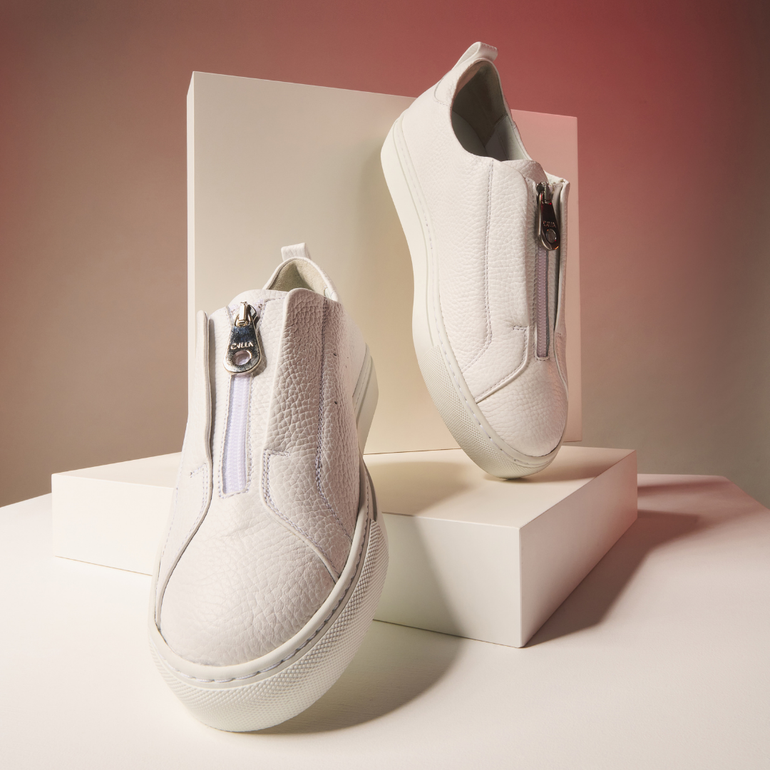 Estella - White Leather Zip-Up Wide Fit Trainers-1