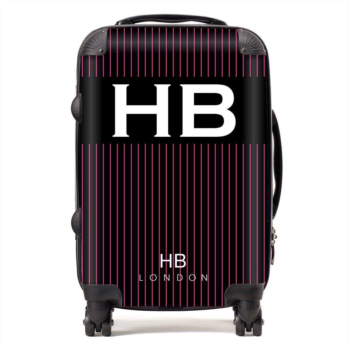 Black and Hot Pink Pinstripe with White Font Initial Personalised Suitcase