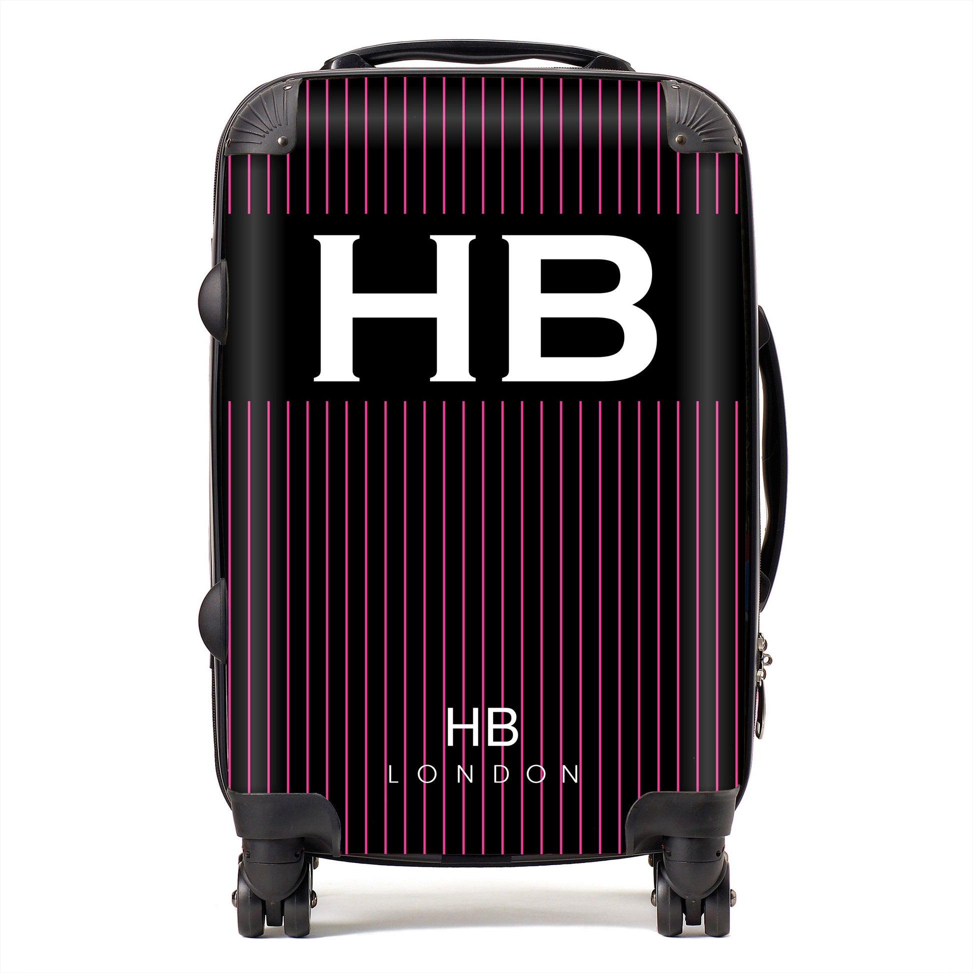 Black and Hot Pink Pinstripe with White Font Initial Personalised Suitcase-1