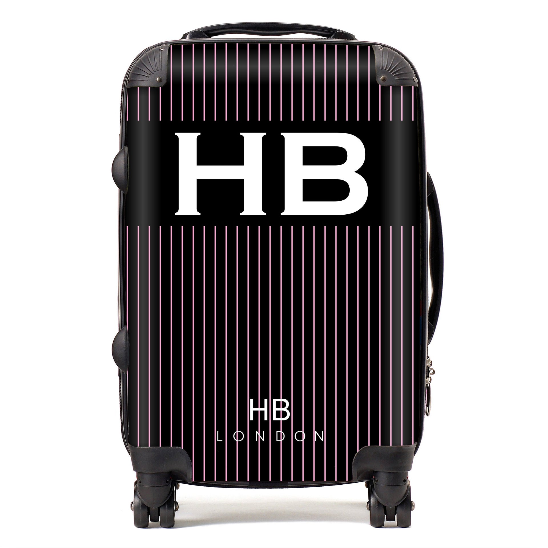 Black and Pink Pinstripe with White Font Initial Personalised Suitcase