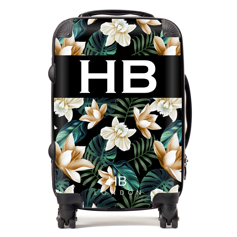 Black and Nude Tropical Flowers with White Font Initial Personalised Suitcase-1