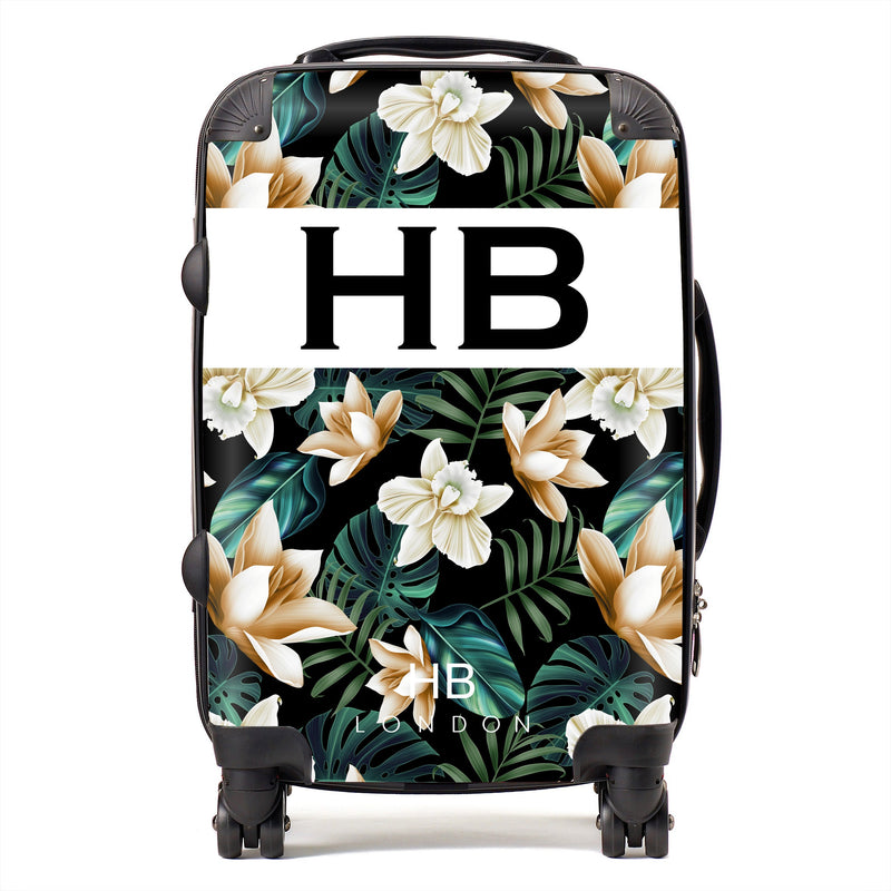 Black and Nude Tropical Flowers with Black Font Initial Personalised Suitcase-1