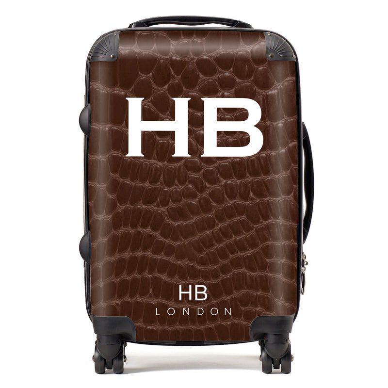 Chocolate Croc Print with White Font Initial Personalised Suitcase-1