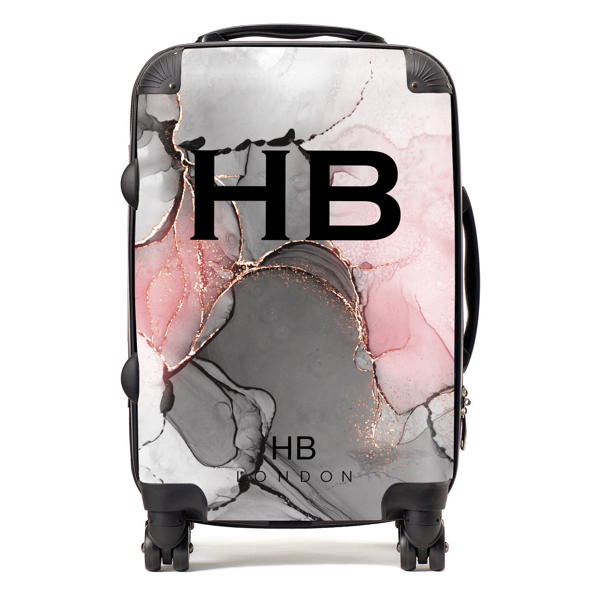 Grey, Pink and Rose Gold Ink Marble with Black Font Initial Personalised Suitcase