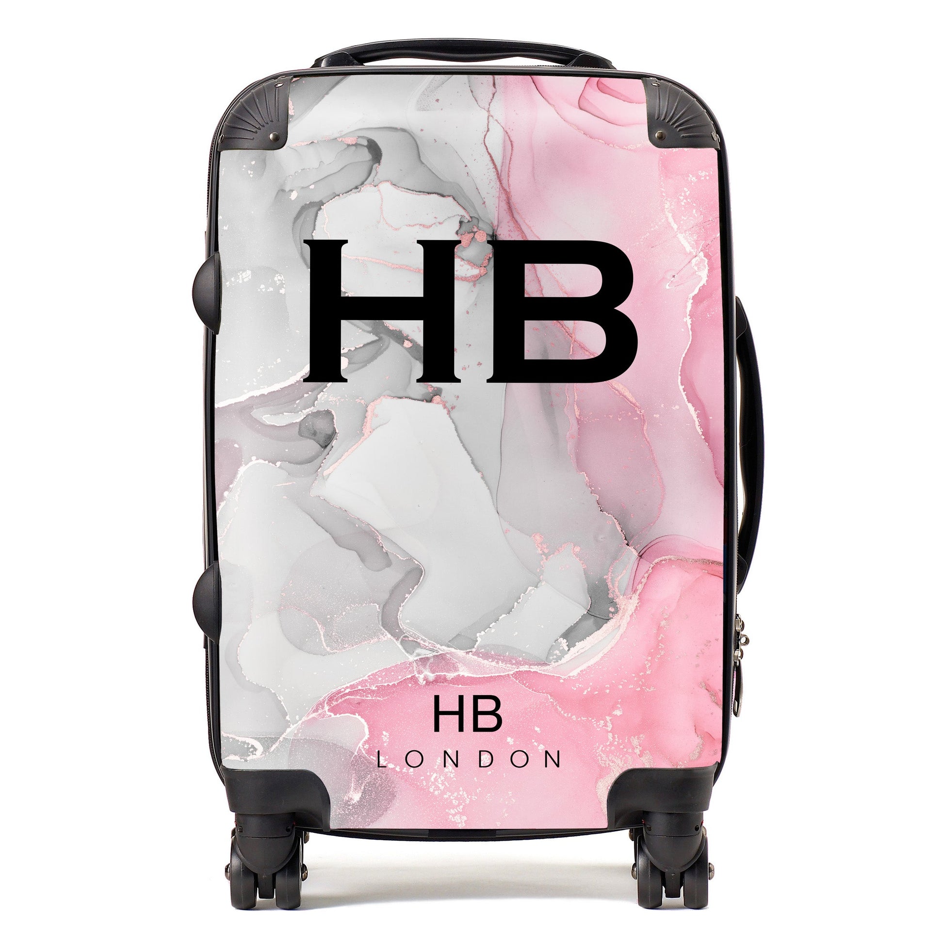 Grey and Pink Ink Marble with Black Font Initial Personalised Suitcase-1