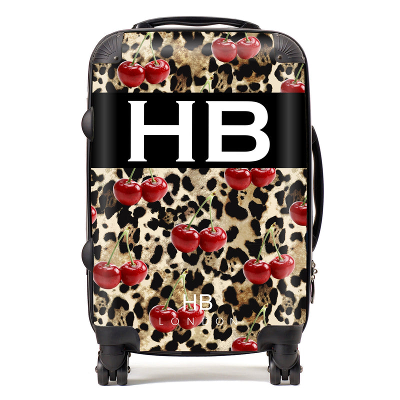 Leopard Print and Cherries with White Font Initial Personalised Suitcase-1