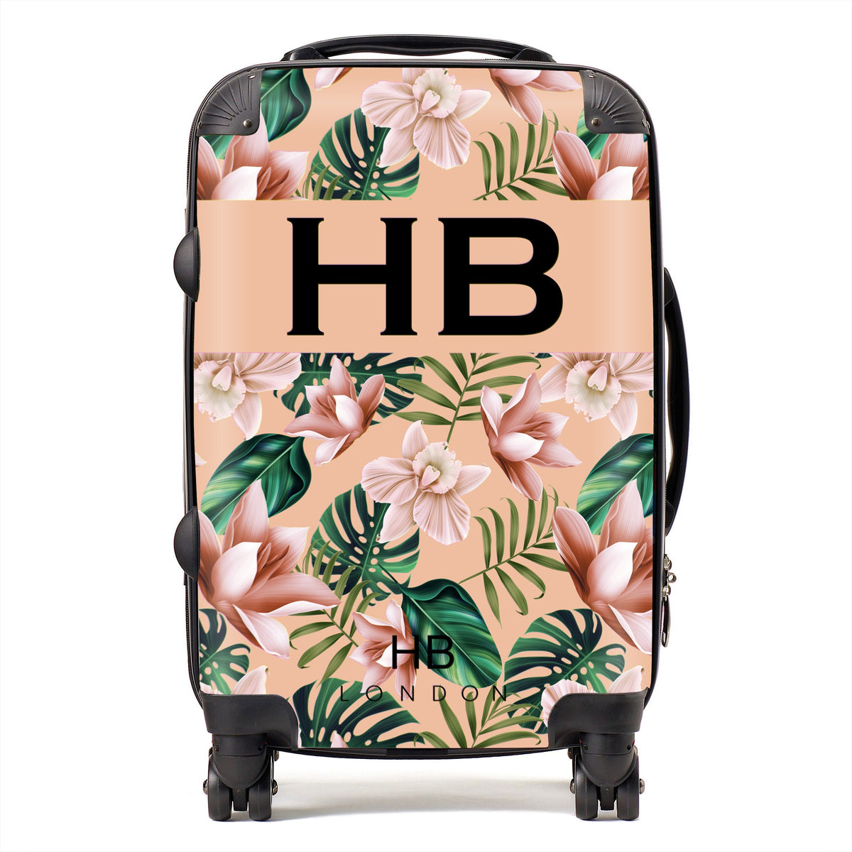 Peach Tropical Flowers with Black Font Initial Personalised Suitcase