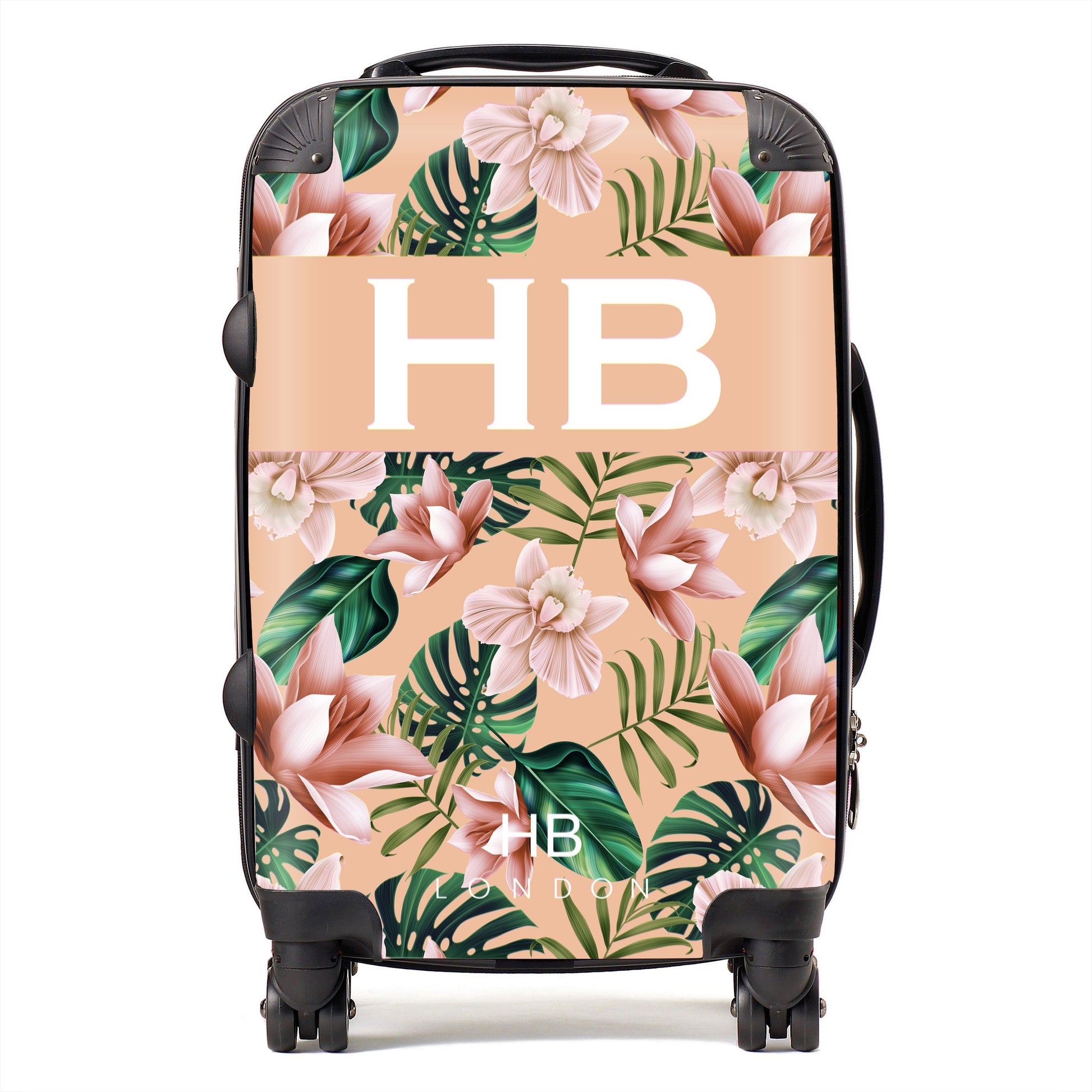Peach Tropical Flowers with White Font Initial Personalised Suitcase-1