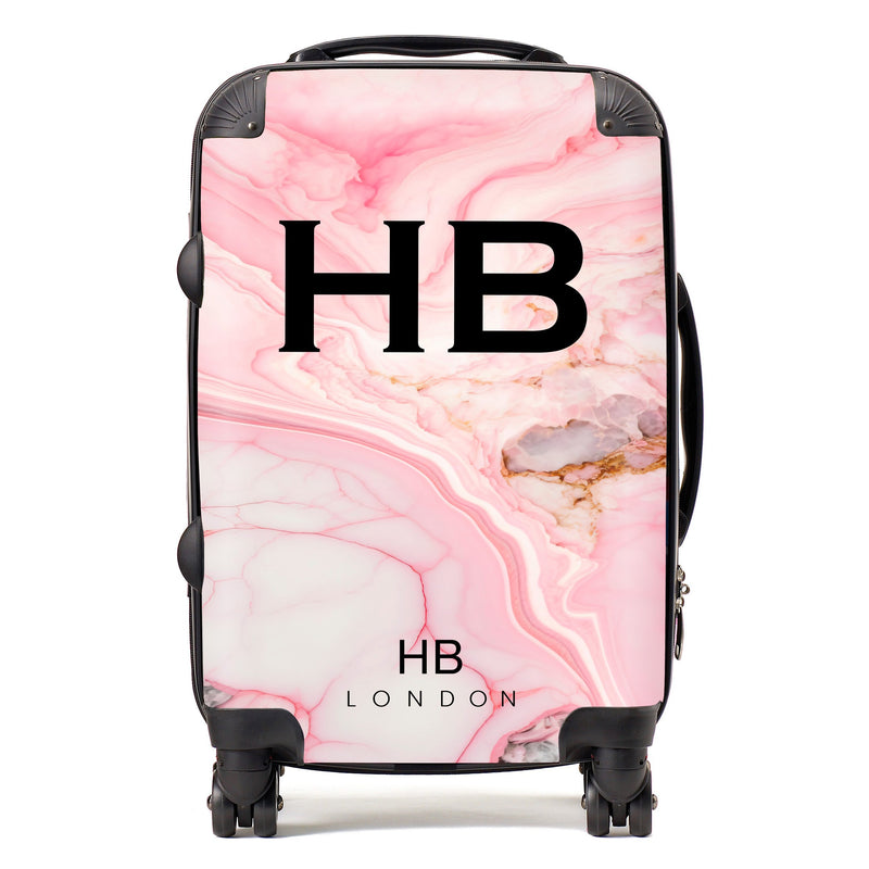 Pink Granite Marble with Black Font Initial Personalised Suitcase-1
