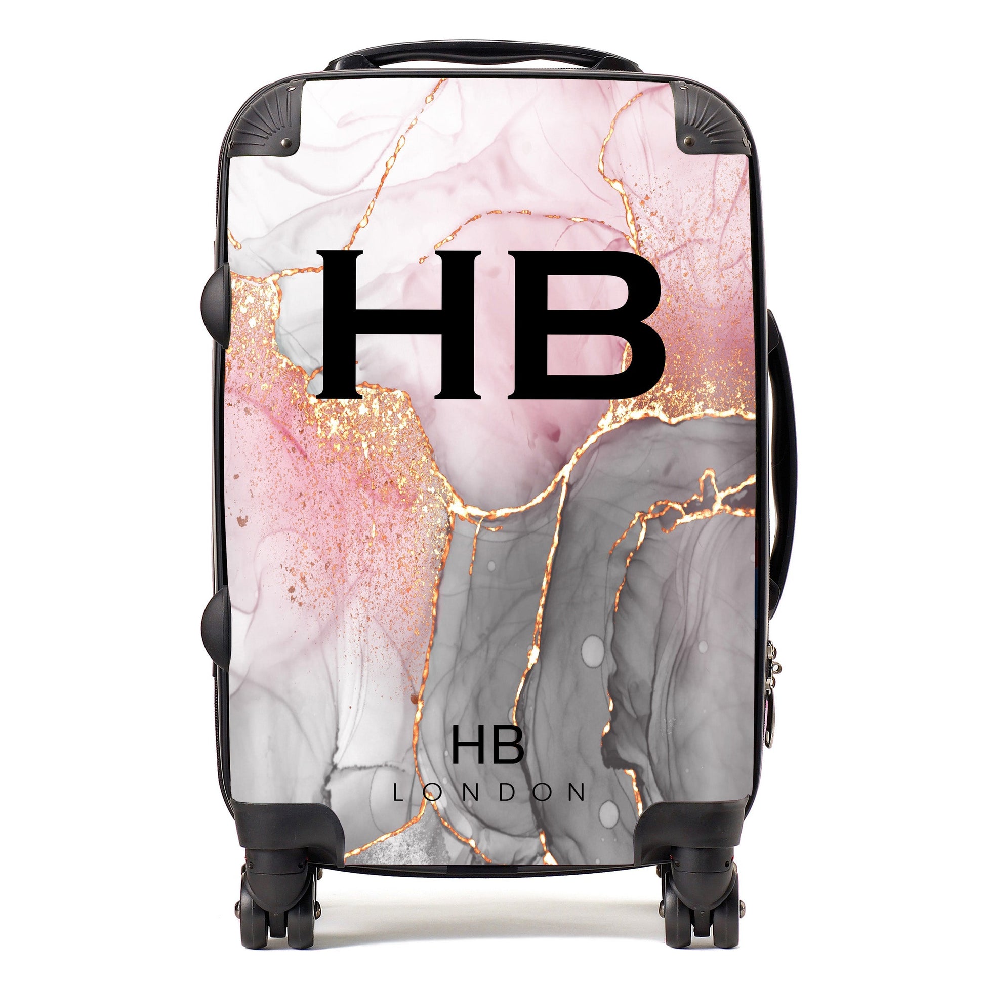 Grey, Pink and Gold Ink Marble with Black Font Initial Personalised Suitcase-1