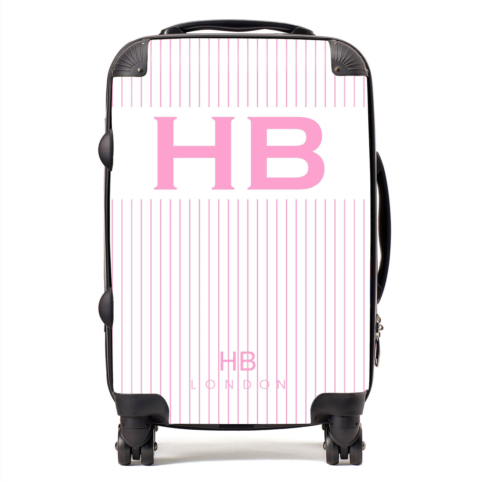 White and Pink Pinstripe with Pink Font Initial Personalised Suitcase-1