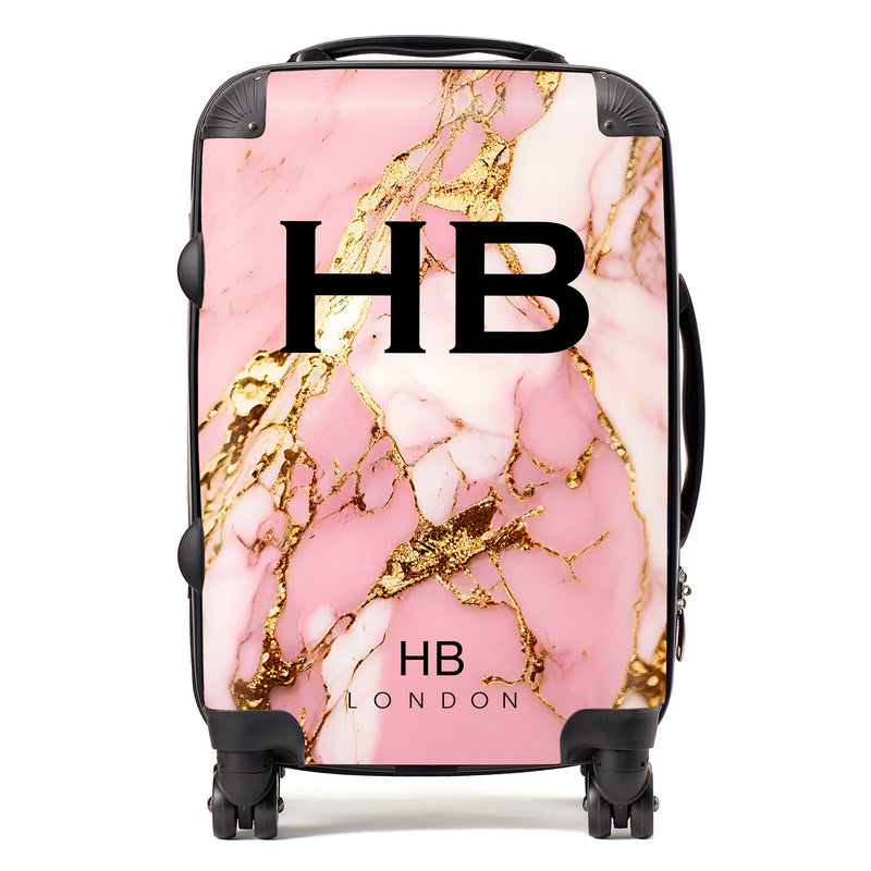 Pink and Gold Granite Marble with Black Font Initial Personalised Suitcase-1