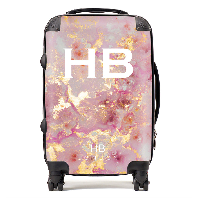 Pink and Gold Marble with White Font Initial Personalised Suitcase-1