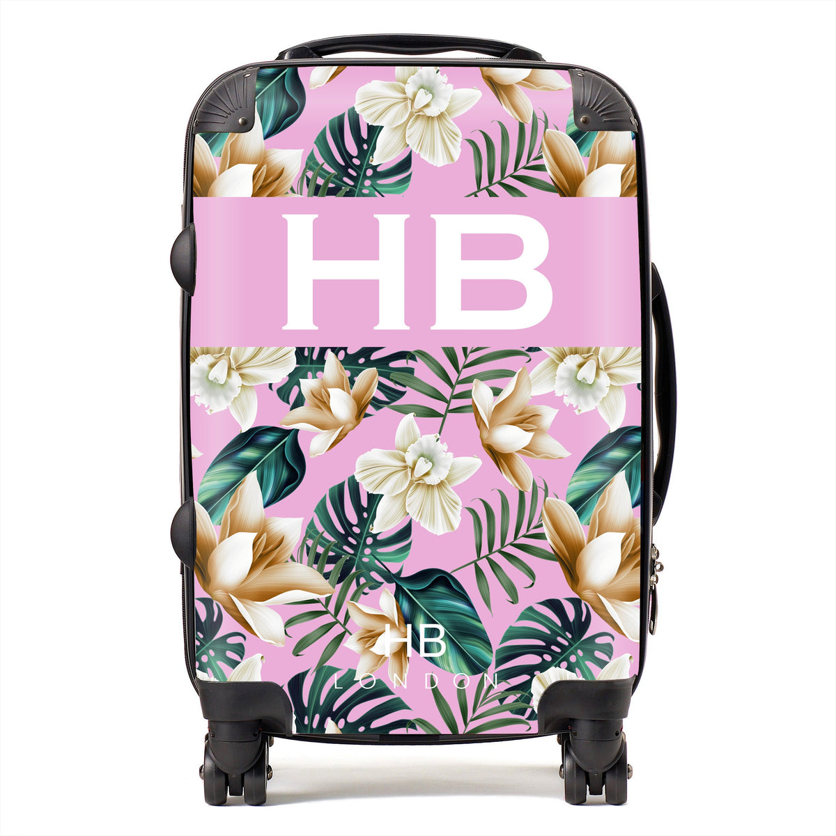 Pink and Nude Tropical Flowers with White Font Initial Personalised Suitcase-1