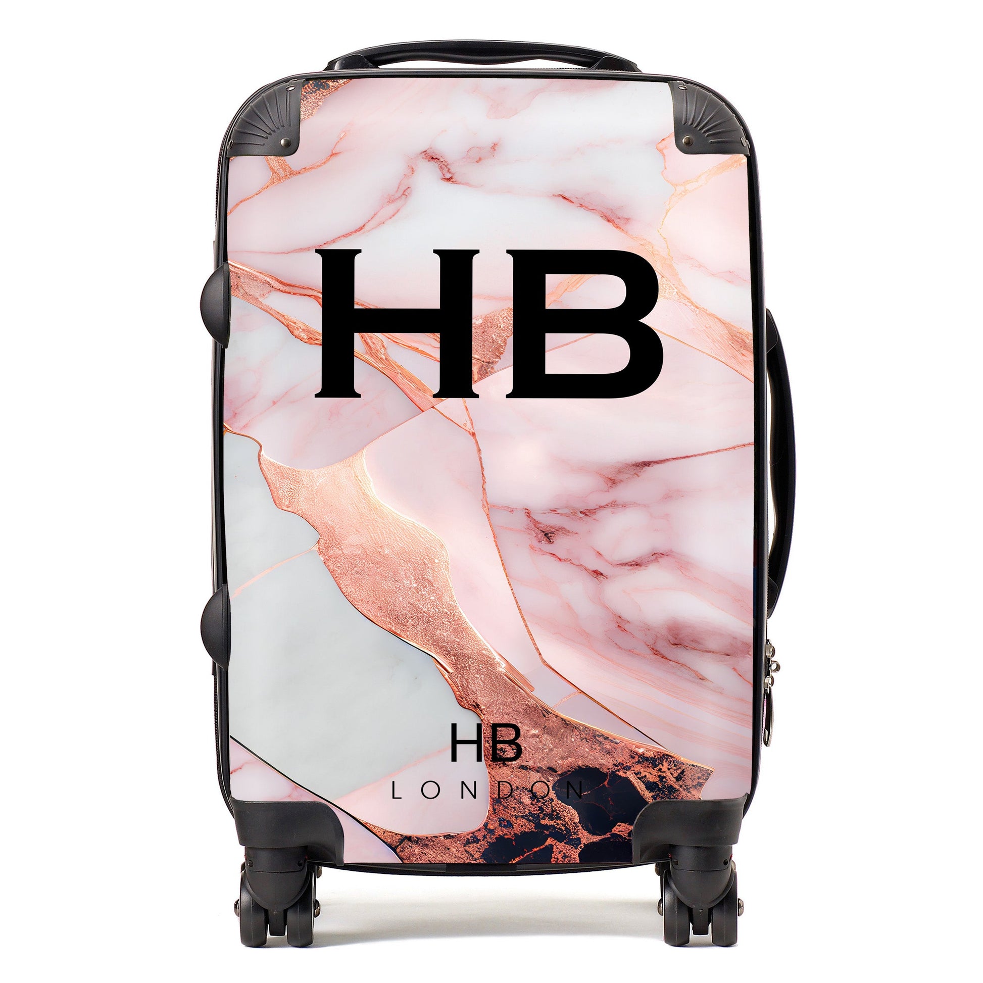 Pink and Rose Gold Marble with Black Font Initial Personalised Suitcase-1