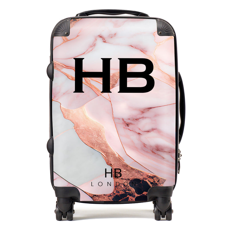 Pink and Rose Gold Marble with Black Font Initial Personalised Suitcase-1
