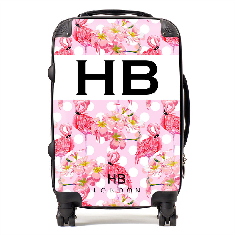 Polka Dot Flamingo Print Initial Personalised Suitcase-1