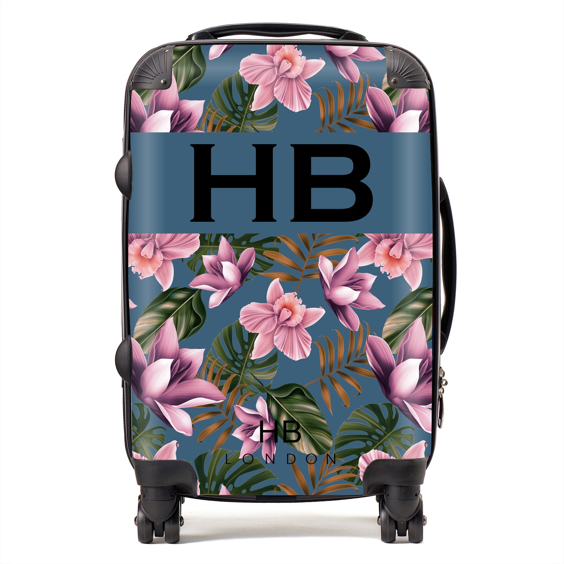 Teal and Mauve Tropical Flowers with Black Font Initial Personalised Suitcase-1