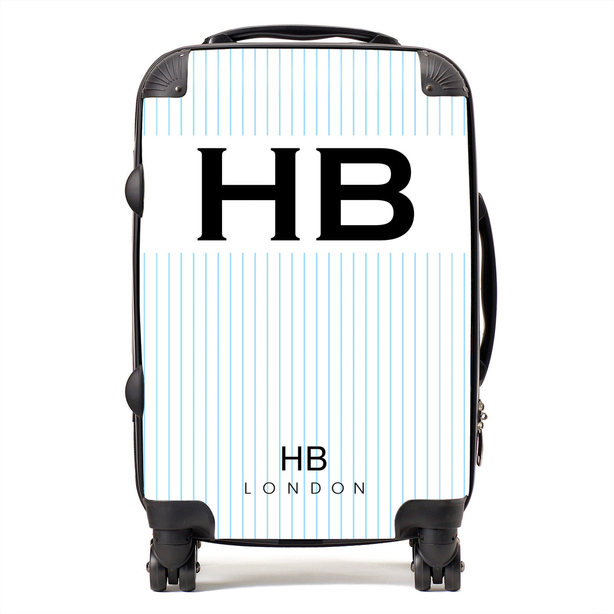 White and Blue Pinstripe with Black Font Initial Personalised Suitcase-1