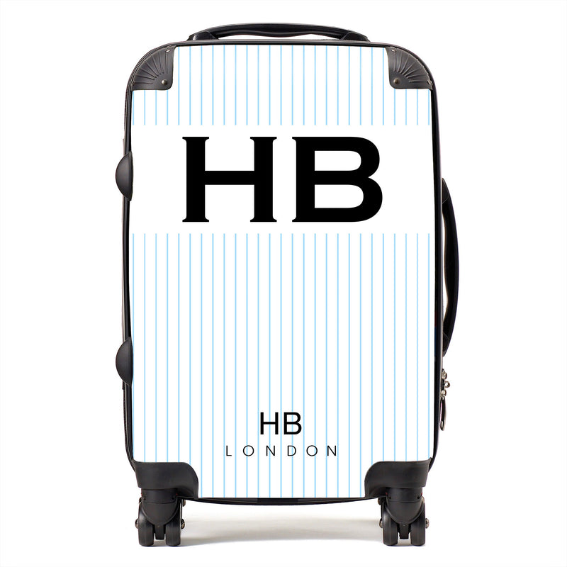 White and Blue Pinstripe with Black Font Initial Personalised Suitcase-1