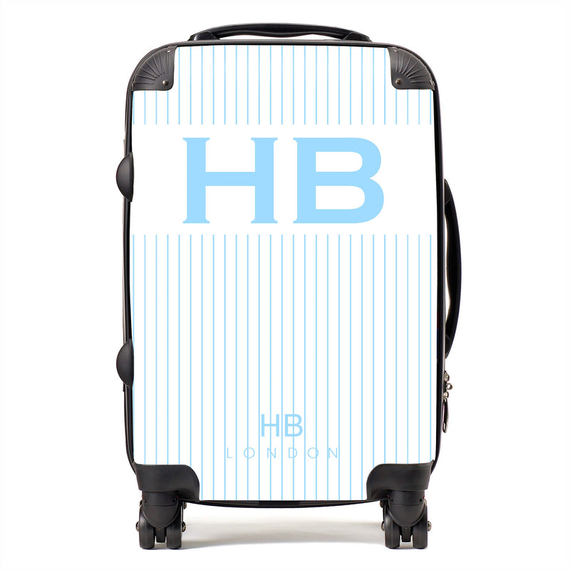 White and Blue Pinstripe with Blue Font Initial Personalised Suitcase-1