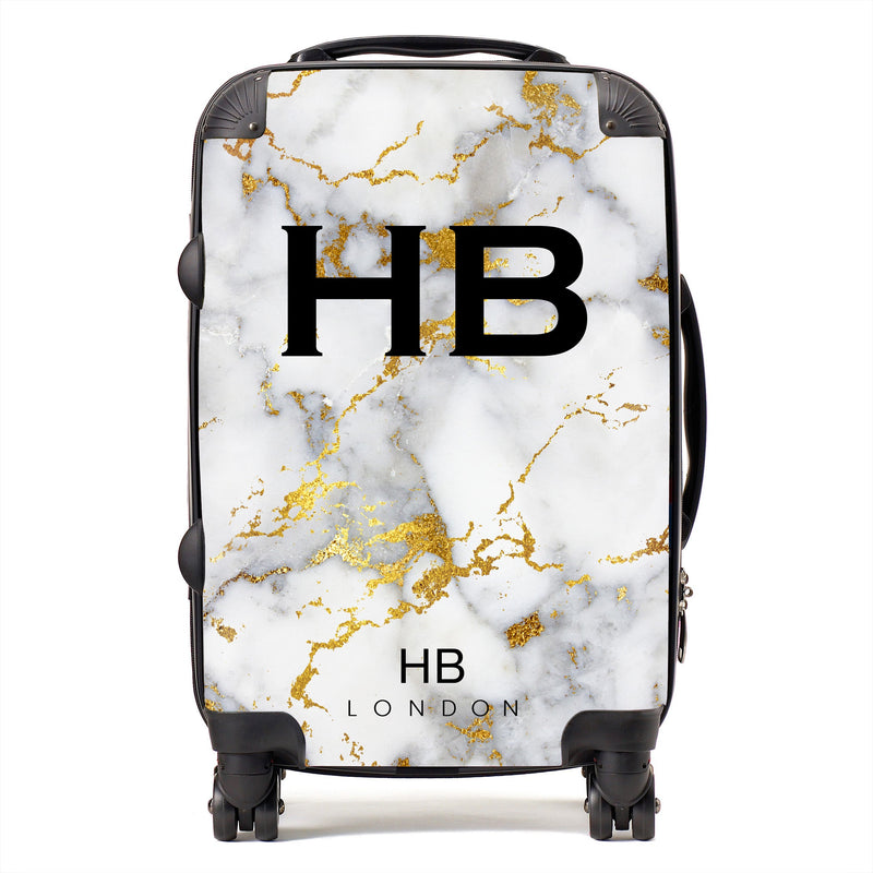 White and Gold Foil Marble Initial Personalised Suitcase-1