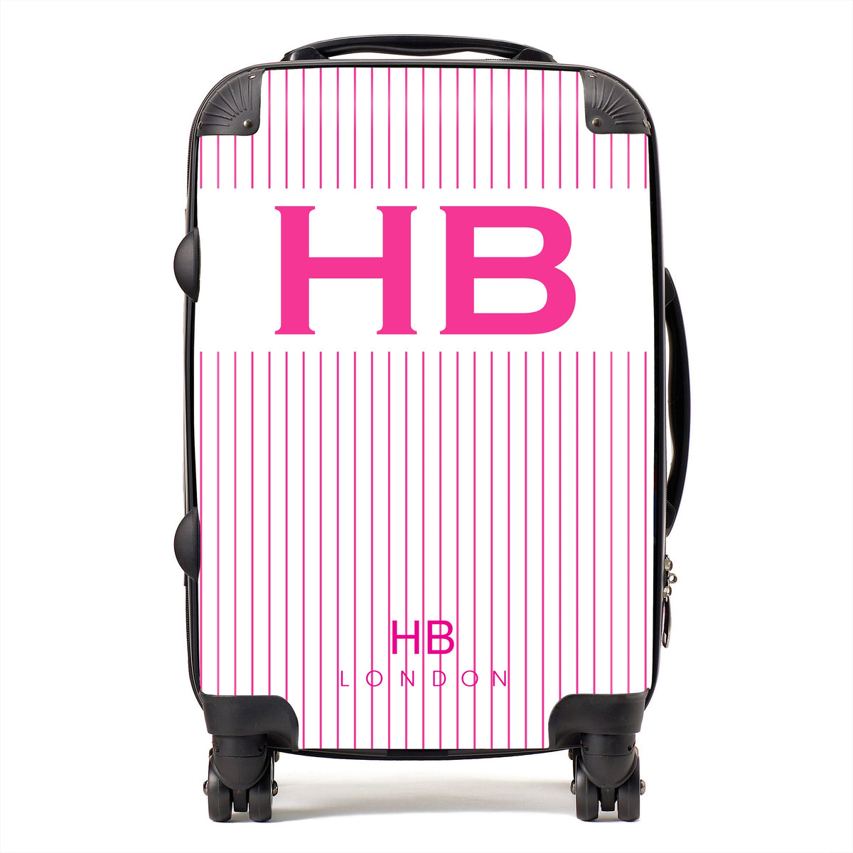 White and Hot Pink Pinstripe with Hot Pink Font Initial Personalised Suitcase-1