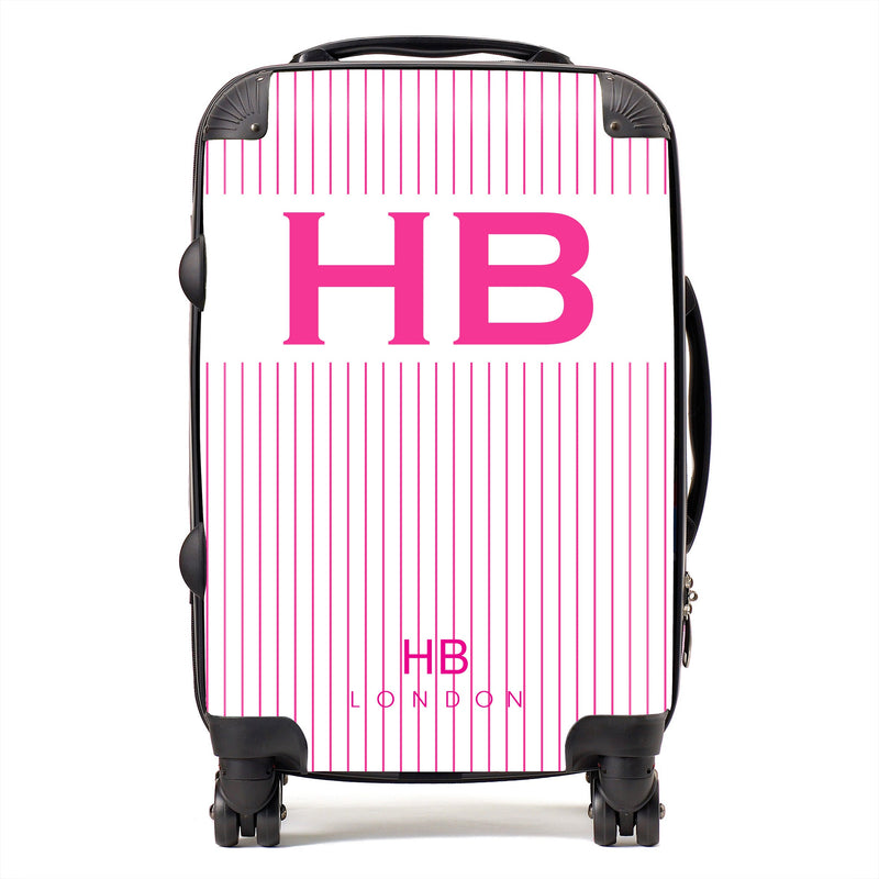 White and Hot Pink Pinstripe with Hot Pink Font Initial Personalised Suitcase-1