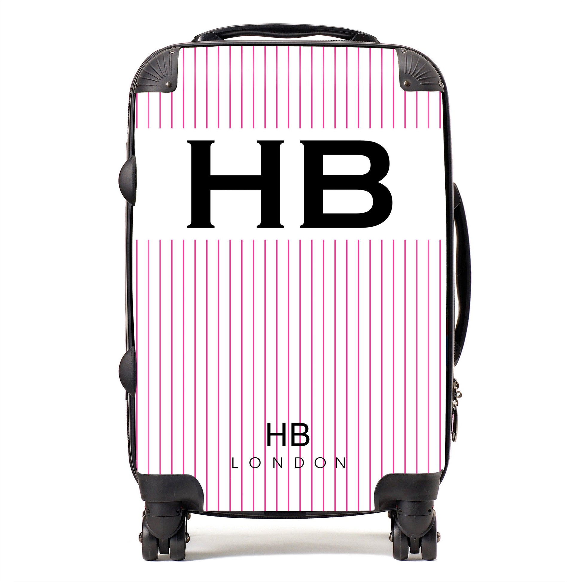 White and Hot Pink Pinstripe with Black Font Initial Personalised Suitcase-1