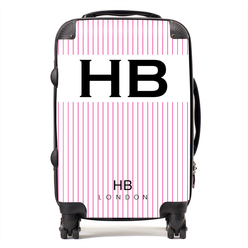White and Hot Pink Pinstripe with Black Font Initial Personalised Suitcase-1