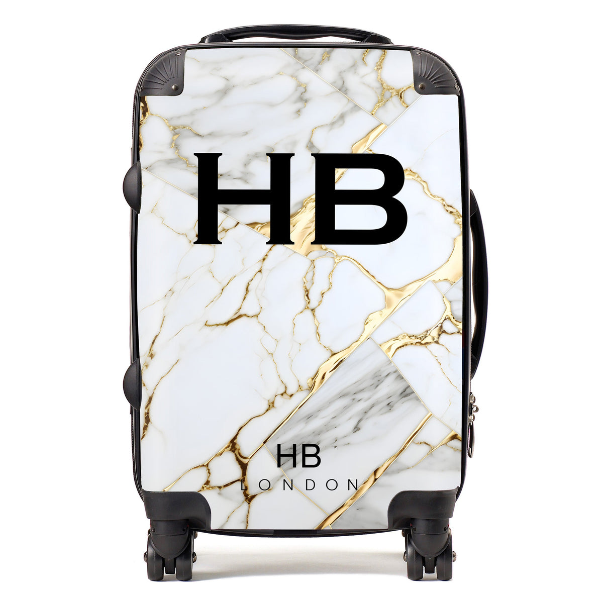 White and Gold Marble with Black Font Initial Personalised Suitcase-1