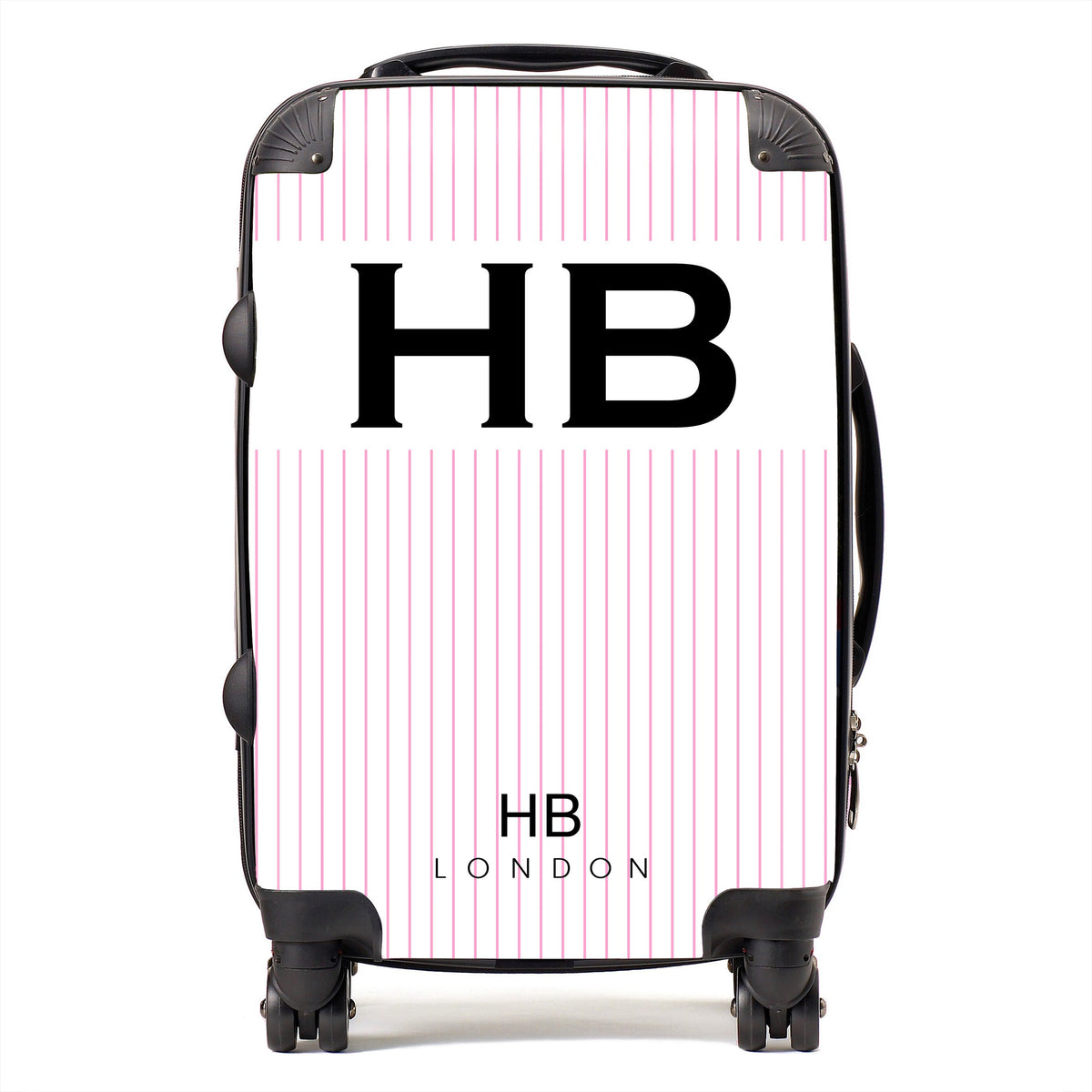 White and Pink Pinstripe with Black Font Initial Personalised Suitcase