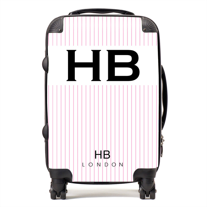 White and Pink Pinstripe with Black Font Initial Personalised Suitcase-1