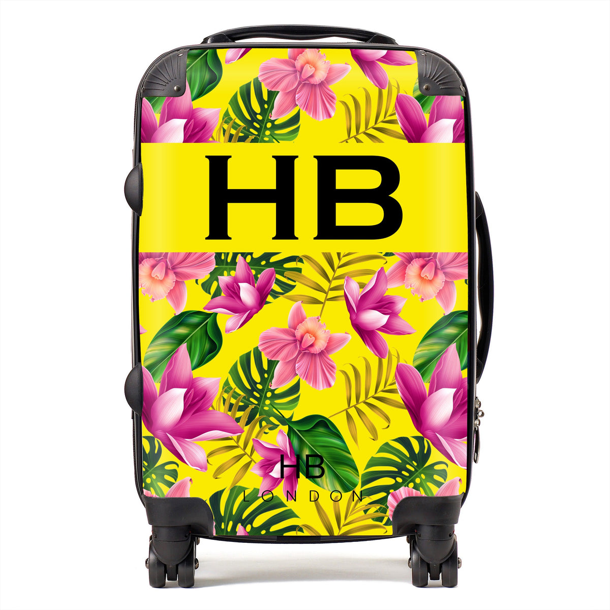 Yellow and Bright Pink Tropical Flowers with Black Font Initial Personalised Suitcase-1