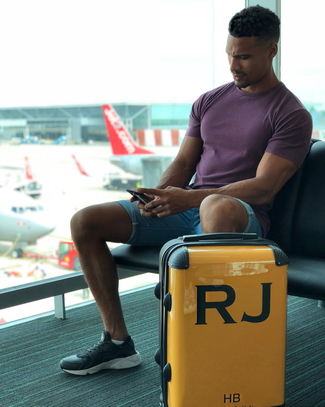 Mustard with Black Font Initial Personalised Suitcase-2