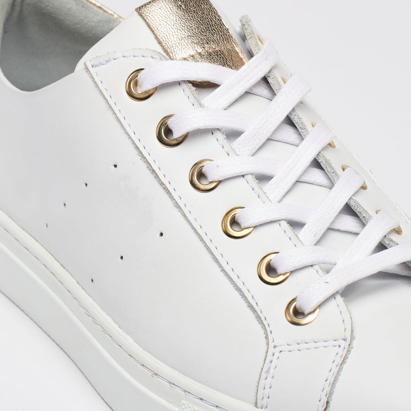 Star - Smooth White Leather & Champagne Trainers-7