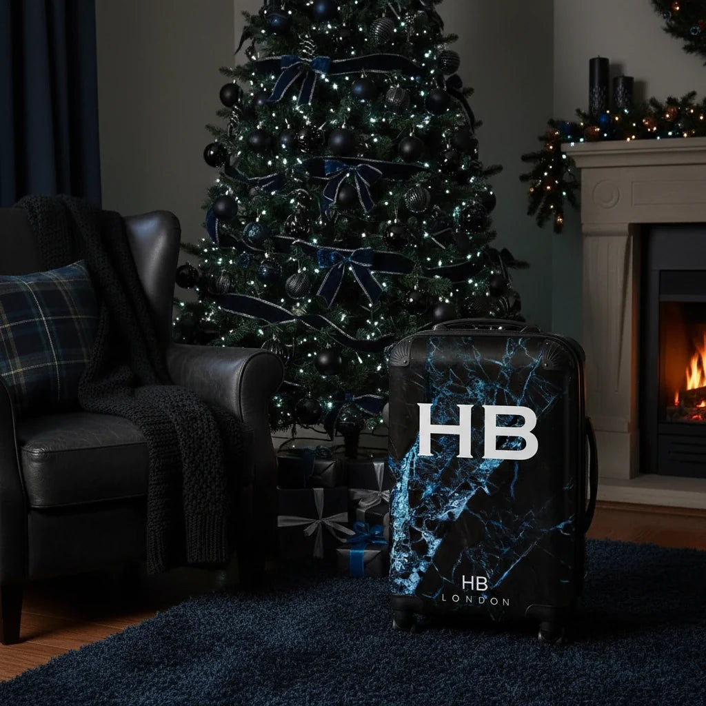 Black and Blue Cracked Marble Initial Personalised Suitcase-14