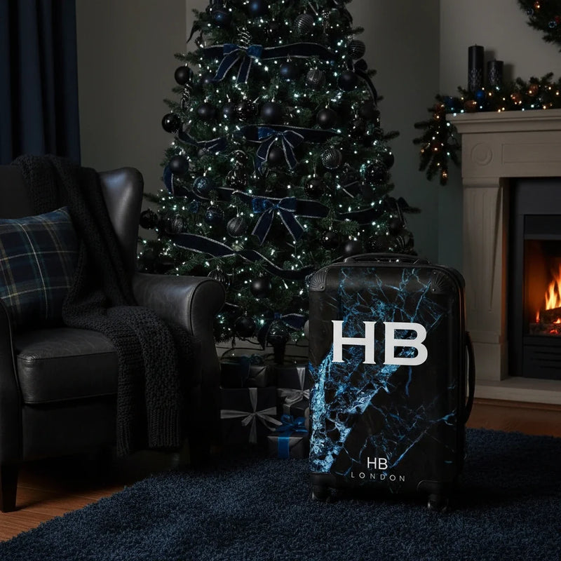 Black and Blue Cracked Marble Initial Personalised Suitcase-14