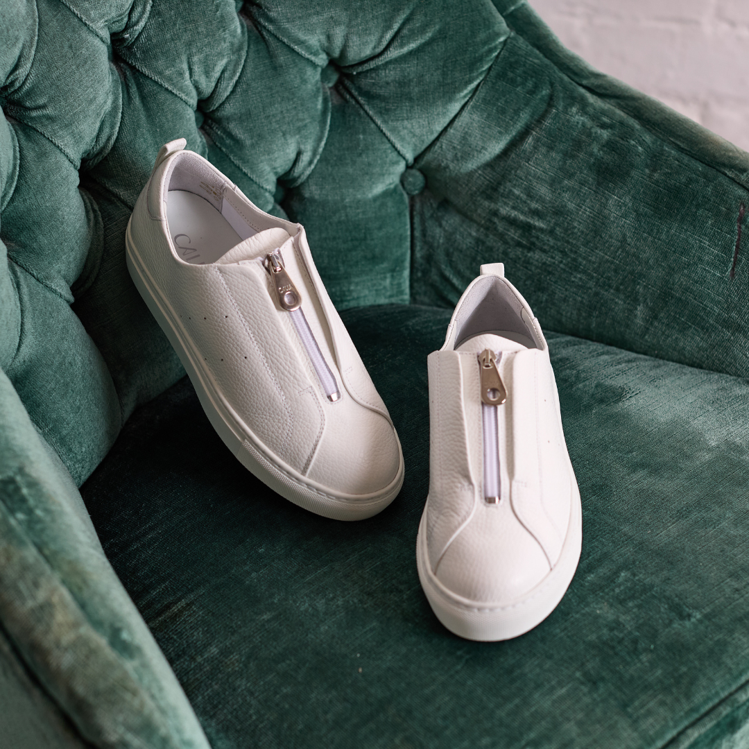 Estella - White Leather Zip-Up Wide Fit Trainers-9