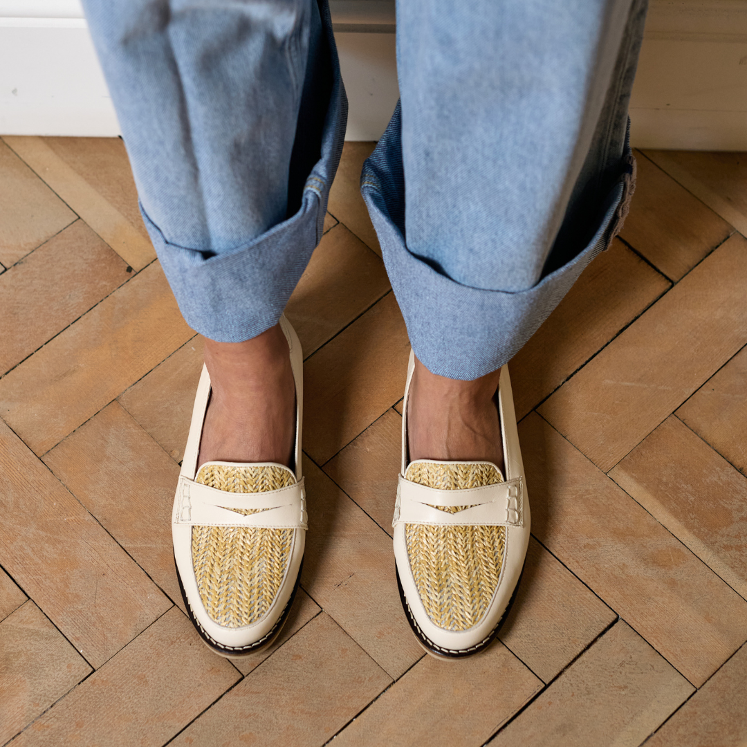 Nadia - Buttermilk Leather Raffia Loafers-11