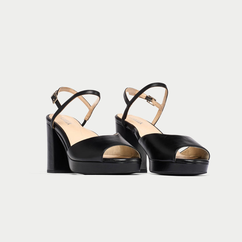 Margot - Black Leather Block Heels-2